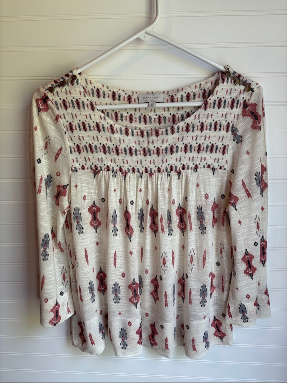 Lucky Brand Cream Peasant Tunic with cream and blue Pattern